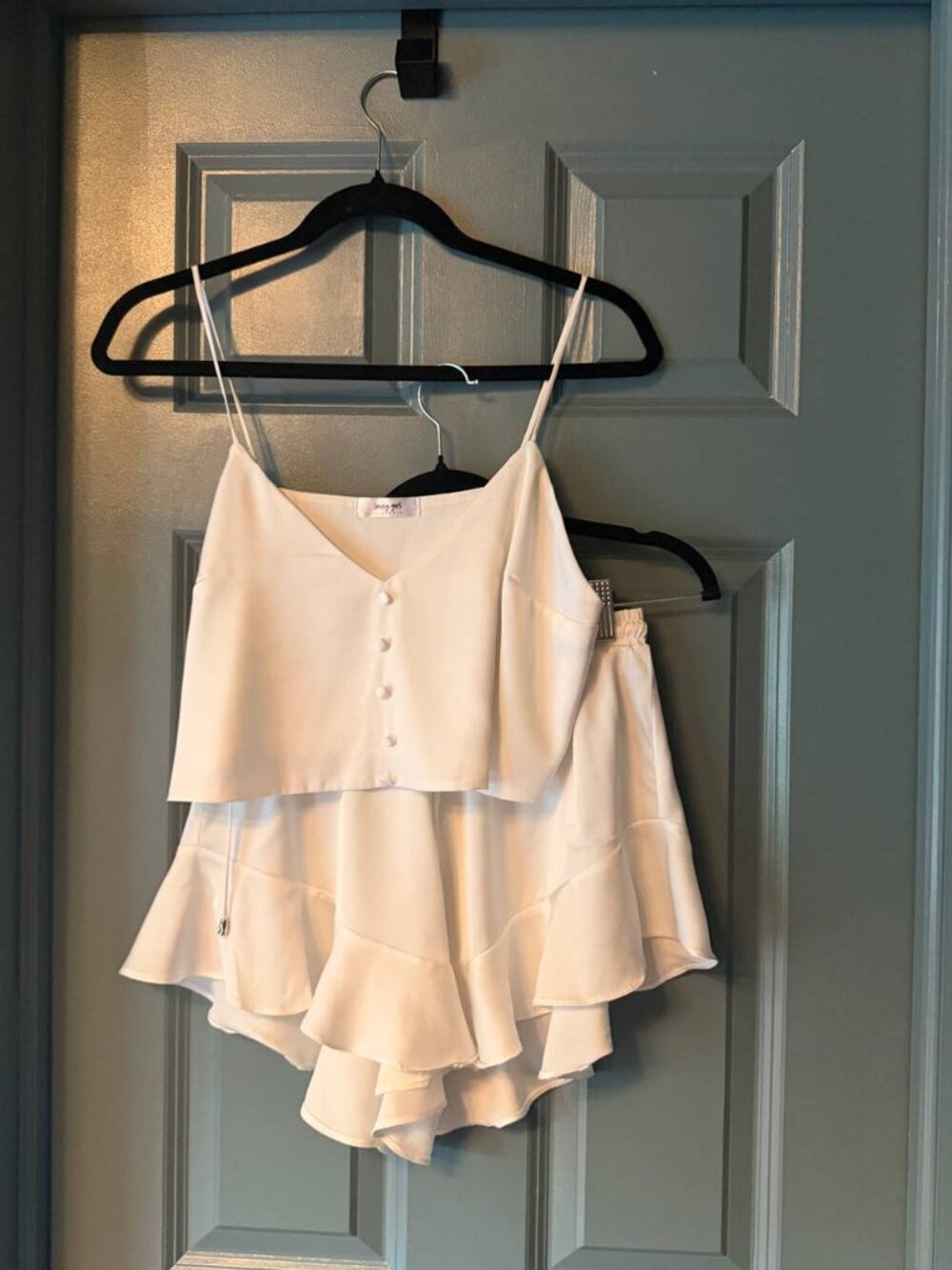 Lovely Girl Lingerie 100% Silk Bridal PJ Set (White Camisole Crop Top & Ruffle)